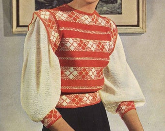 Vintage jaren 50 Fair Isle-trui breipatroon (buste 33") (pdf)