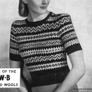 Vintage Ladies Fair Isle Jumper, 34&quot; Bust, 3ply, Knitting Pattern, 40s (PDF) Bestway 881
