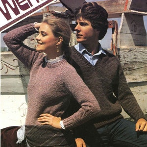 Vintage His and Her&#39;s / Men&#39;s and Women&#39;s Round and V Neck Sweaters, 32&quot;-46&quot; Bust / Chest, Chunky, Knitting Pattern 80s (PDF) Wendy 2142