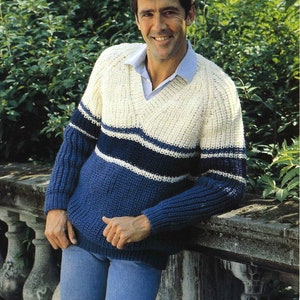 Vintage Men&#39;s V Neck Jumper / Sweater, 38&quot;-44&quot; Chest, Chunky, Knitting Pattern, 70s (PDF) Keynote 921
