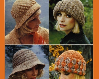 Vintage Ladies Hats in Four Styles, DK, 2 Knitting Pattern and 2 Crochet Pattern, 70s (PDF) Patons 1065