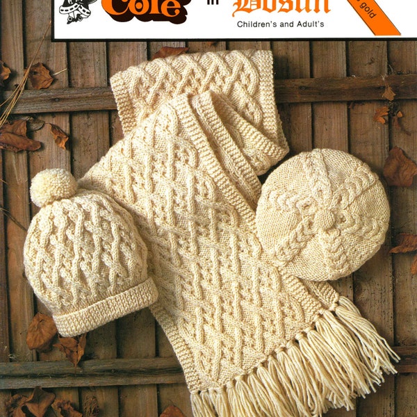 Vintage Childrens and Adults Hat, Beret and Scarf, Aran, Knitting Pattern, 70s (PDF) King Cole 3114