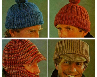 Vintage Mens Hats in Three Styles, 4ply, DK, & Chunky, Knitting Pattern, 70s (PDF) Wendy 1709