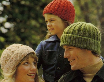 Vintage Hats for the Family, Chunky, Knitting Pattern, 70s (PDF) Patons 1223