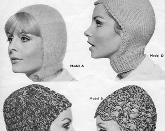 Vintage Ladies Helmets in Four Styles, DK & Chunky, Knitting Pattern, 60s (PDF) Sirdar 885