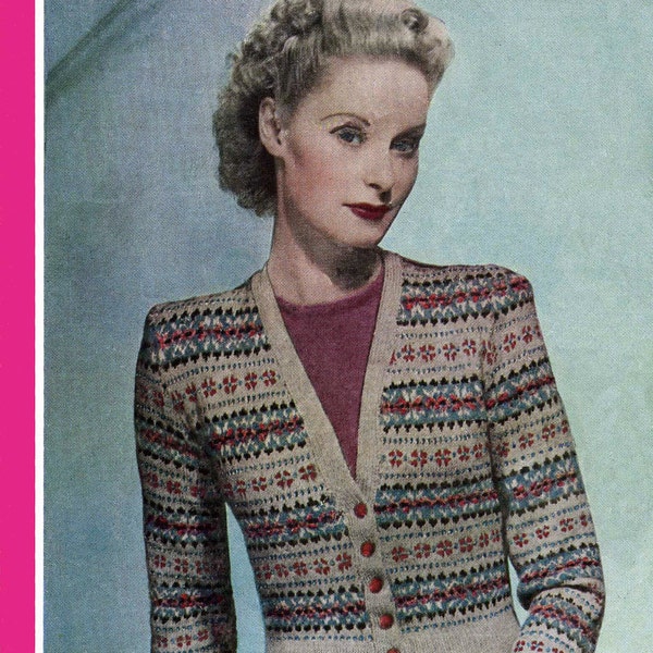 Vintage Ladies Fair Isle Cardigan, 36"-38" Bust, 3ply, Knitting Pattern, 40s / 50s (PDF) Bestway 1491