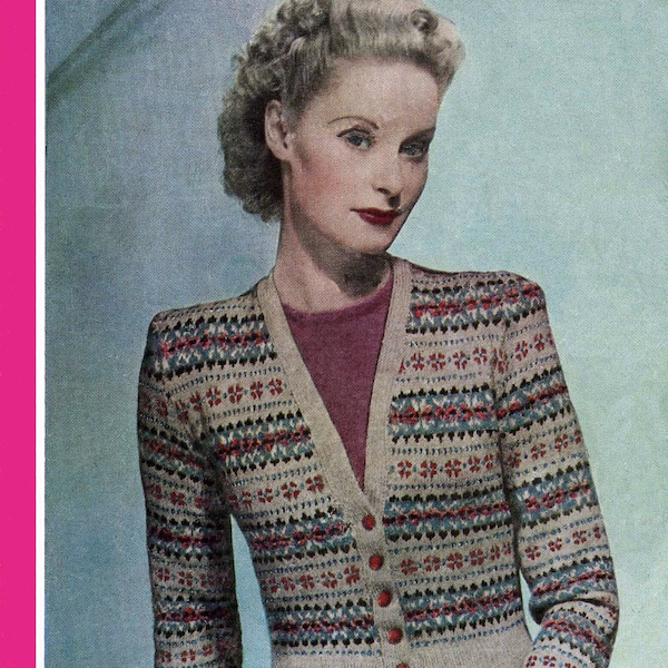 Vintage Fair Isle Cardigan Knitting Pattern 36-38" Bust (PDF)