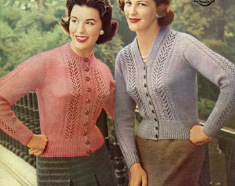 Vintage Ladies Cardigan with Fancy Panels, 2 Styles, 32"-42" Bust, DK, Knitting Pattern 50s (PDF) Poppletons 1029