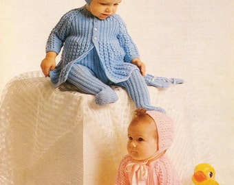 Vintage Baby Pram Set, Coat, Leggings, Hat, Bonnet and Mittens, 18"-19" Chest, 4ply, Knitting Pattern, 80s (PDF) Patons 1105