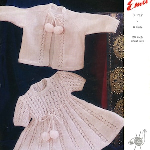 May include: Knitting pattern for a baby dress and cardigan set. The pattern is for a 20 inch chest size and requires 6 balls of yarn. The pattern is from Emu 3 Ply.