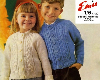 Vintage Boy and Girl Cardigan, 22"-26" Chest, 4ply & DK, Knitting Pattern 70s (PDF) Emu 6130
