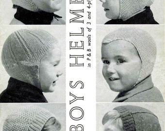 Vintage Boys Helmets in 6 Styles, 2-7 years, 3ply, 4ply, Knitting Pattern 60s (PDF) P&B 1040