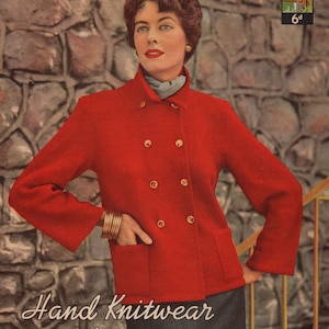 May include: A woman wearing a red double-breasted knitted jacket with gold buttons. The jacket is advertised as "Hand Knitwear in Lavenda 4 ply".