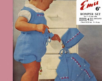 Vintage Children's Romper Set, Cardigan, Bonnet and Romper, 4ply, 1-2 years, Knitting Pattern 60s (PDF) Emu 918