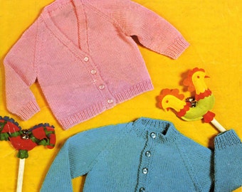Vintage Boy or Girl Cardigan, in 2 Styles V-Neck and Round Neck, 18"-24" Chest, DK, Knitting Pattern, 80s (PDF) Patons 2341