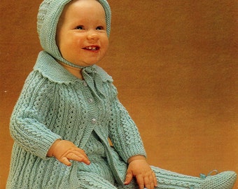 Vintage Baby Sunshine Set, Coat / Cardigan, Dungarees and Bonnet, 18"-21" Chest, 4ply, Knitting Pattern 80s (PDF) Patons 1181