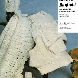 Vintage Baby Layette Set, Dress, Cardigan, Bonnet, Booties & Mitts, 18&quot;-20&quot; Chest, DK, Knitting Pattern 80s (PDF) Hayfield 1021