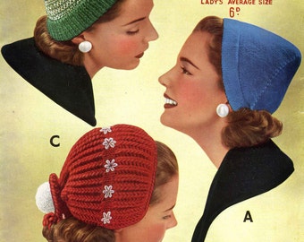 Vintage Ladies Hats in 3 Styles, DK, Knitting Pattern, 50s (PDF) Sirdar 1550