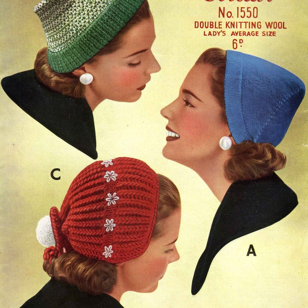 Vintage Ladies Hats in 3 Styles, DK, Knitting Pattern, 50s (PDF) Sirdar 1550