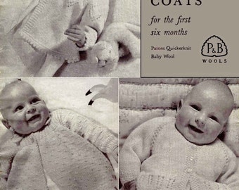 Vintage Baby Matinee Coat / Cardigan 3 Styles, 1-6 months, Quickerknit / Baby Wool, Knitting Pattern, 50s (PDF) P&B 575