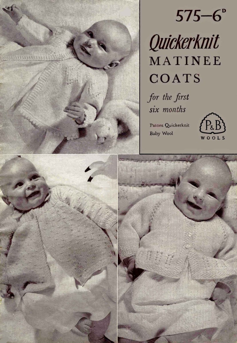 Vintage Baby Matinee Coat / Cardigan 3 Styles, 1-6 months, Quickerknit / Baby Wool, Knitting Pattern, 50s PDF P&B 575 image 1