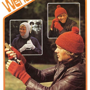 Vintage Men's Balaclava Ribbed Hat and Gloves, DK, Knitting Pattern, 70s (PDF) Wendy 1814