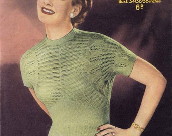 Vintage Ladies Jumper, 34"/36"/38", 3ply, Knitting Pattern, 50s (PDF) Sirdar 1475