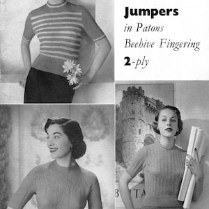 Vintage Ladies Jumper in 3 Styles, 34&quot;-38&quot; Bust, 2ply, Knitting Pattern 50s (PDF) P&B 723