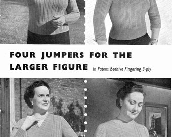 Vintage Ladies Plus Size Jumpers in 4 Styles, 3ply, 40"-44" Bust, Knitting Pattern 50s (PDF) P&B 673