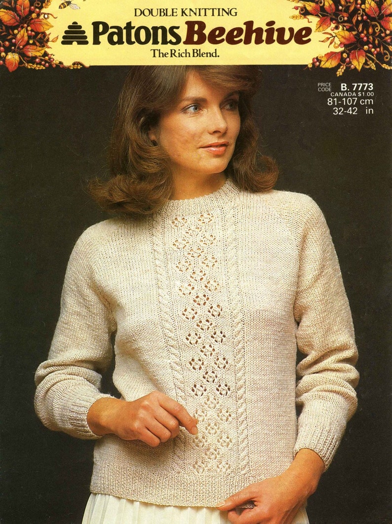 Vintage Ladies Panel Patt Sweater / Jumper, 3242 Bust, DK, Knitting Pattern 80s PDF Patons 7773 image 1