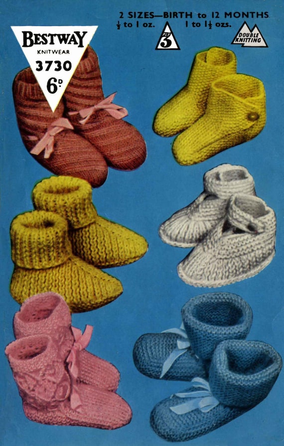 COPY Baby/'s Bootees and Slippers x 6-3 Ply Vintage Knitting Pattern To fit foot 3.5 9cm