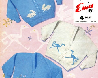 Vintage Baby Cardigan, with Rabbit, Ostrich, Flower Motif, 20"-23" Chest, 4ply, Knitting Pattern 60s (PDF) Emu 975