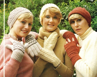 Vintage Ladies Gloves, Mitts and Hats in Three Styles, DK, Knitting Pattern 70s (PDF) King Cole 422