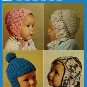 Vintage Baby / Children&#39;s Bonnet and Hat, Birth to 15 months, 4ply & DK, Knitting Pattern, 70s (PDF) Patons 1238