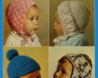 Vintage Baby / Children's Bonnet and Hat, Birth to 15 months, 4ply & DK, Knitting Pattern, 70s (PDF) Patons 1238