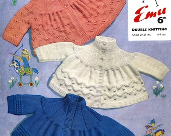 Vintage Baby Coat / Cardigan in 3 Styles, 20"-21" Chest, DK, Knitting Pattern 60s (PDF) Emu 8058