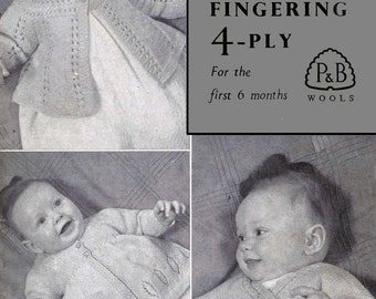 Vintage Baby Cardigan, Matinee Coat, 1-6 months, 4ply, Knitting Pattern, 50s (PDF) P&B 353