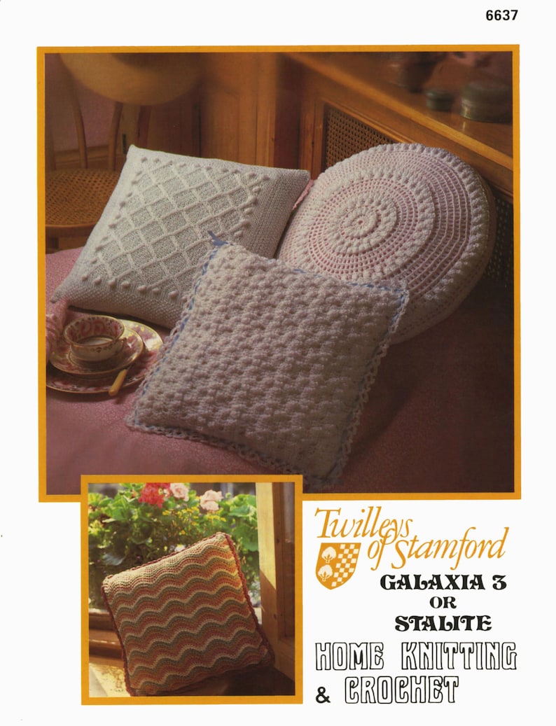 Vintage Cushion Covers, 3 Styles, Round and Square, 4ply, Knitting Pattern & Crochet Pattern 80s PDF Twilleys 6637 image 1