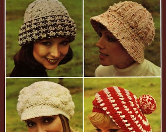 Vintage Ladies Hats, Knitting Pattern for Brim, 2 Tone Hat & Crochet Pattern for Peaked Cap, Striped Beret, Chunky, 70s (PDF) Patons 1219