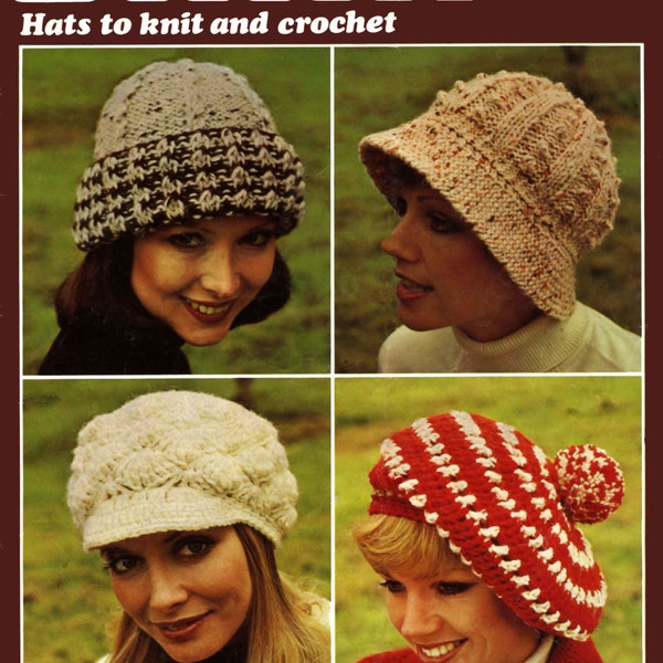 Vintage Ladies Hats, Knitting Pattern for Brim, 2 Tone Hat & Crochet Pattern for Peaked Cap, Striped Beret, Chunky, 70s (PDF) Patons 1219