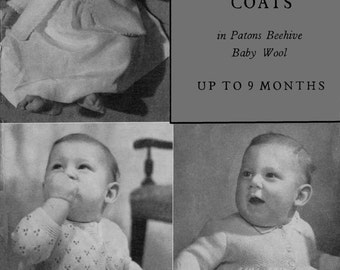 Vintage Baby Matinee Coat in 3 Style's, 1-9 months, 3ply, Knitting Pattern, 50s (PDF) P&B 363