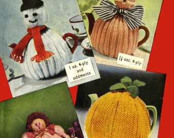 Vintage Novelty Tea Cosy in 4 Styles, Snowman, Bunny, Doll, Orange, 3ply & 4ply, Knitting Pattern 50s (PDF) Bestway 2358