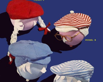 Vintage Childrens Flat Caps / Hats in Four Styles, 1/2 & 2/4 years, DK, Knitting Pattern, 60s (PDF) Sirdar 246