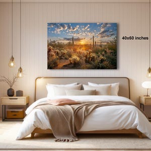 a serene bedroom with a large bed, wooden furniture, and a painting of a desert landscape hanging on the wall.
