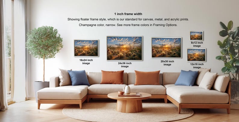 a living room with a large sectional sofa, a coffee table, and a potted plant. There are four framed landscape paintings displayed on the wall, each with a different frame size ranging from 16" to 20" inches. The paintings are arranged in a row, creating a cohesive and visually appealing display.