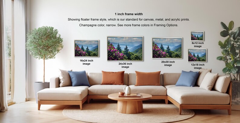 a living room with a large sectional sofa and a coffee table. There are four framed landscape photographs displayed on the wall, each with a different frame size ranging from 16" to 20" inches. The photographs depict various scenic outdoor landscapes, including mountains, forests, and meadows. The arrangement of the photographs and the overall layout of the living room create a cozy and inviting atmosphere.