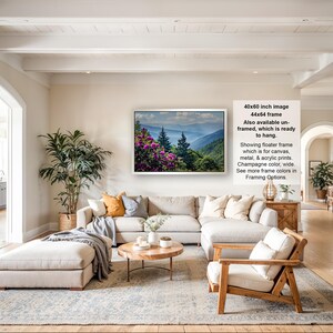 The image is a large framed picture of a mountainous landscape, hanging on a wall in a living room.