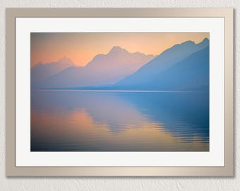 Pastel Grand Tetons in the mist. Jenny Lake, mountain view, photo print