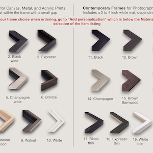 a variety of different frame options for canvas, metal, and acrylic prints, as well as contemporary frames for photographic paper prints. The frames come in various sizes and materials, allowing for customization based on picture size and personal preferences.