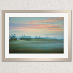 Misty pastoral scene with pastel colors at sunrise, midwest US, photo print
